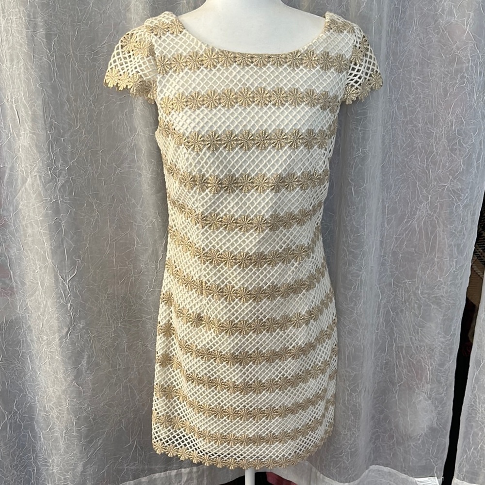 Lilly Pulitzer Gold and White Mini Sheath Dress with Flutter Sleeves